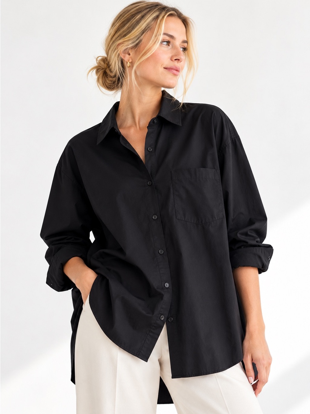 Reformation Will Oversized Shirt XL Black Organic Cotton Poplin Button Up